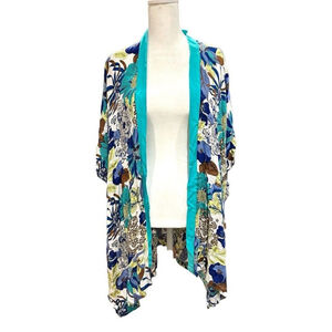 Do Everything In Love Blue Floral Viscose Kimono Duster OS Teal Side Slits EUC